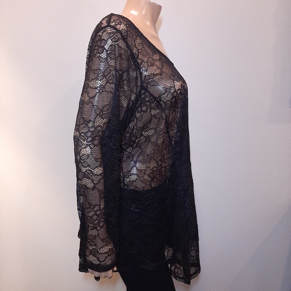 🍁 MICHEL STUDIO Sheer Lace Scoop Neck Long Sleeve Peplum Top Black Stretchy - Picture 6 of 10